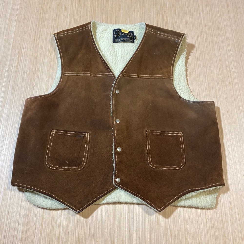Vintage Sears The Leather Shop Brown Suede Faux Shearling Vest Mens XL Western